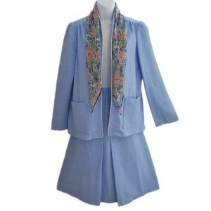 Vintage Sears Skirt Suit Set Baby Blue Textured Shirred Shoulders Piping Trim 14